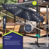 Umbrelă de grădină cu LED Tillvex, Ø 350 cm, protecție UV 50+, rotire 360°, manivelă, bluemarin
