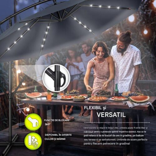 Umbrelă de grădină cu LED Tillvex, Ø 350 cm, protecție UV 50+, rotire 360°, manivelă, bluemarin