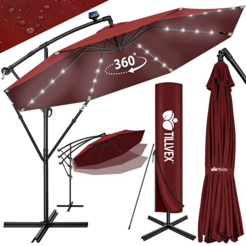Umbrela terasa/gradina cu lumina LED, husa protectie, panou incarcare solara, protectie UV 50+, rotire la 360°, inclinatie reglabila, manivela,  Ø 300 cm, rosu