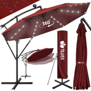 Umbrelă de grădină cu LED Tillvex, Ø 350 cm, protecție UV 50+, rotire 360°, manivelă, rosu grena