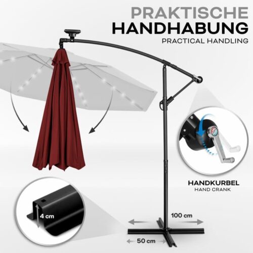 Umbrela terasa/gradina cu lumina LED, husa protectie, panou incarcare solara, protectie UV 50+, rotire la 360°, inclinatie reglabila, manivela,  Ø 300 cm, rosu