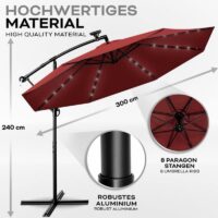 Umbrela terasa/gradina cu lumina LED, husa protectie, panou incarcare solara, protectie UV 50+, rotire la 360°, inclinatie reglabila, manivela,  Ø 300 cm, rosu