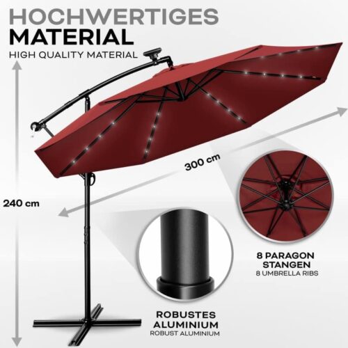 Umbrela terasa/gradina cu lumina LED, husa protectie, panou incarcare solara, protectie UV 50+, rotire la 360°, inclinatie reglabila, manivela,  Ø 300 cm, rosu