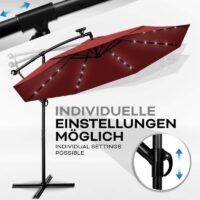Umbrela terasa/gradina cu lumina LED, husa protectie, panou incarcare solara, protectie UV 50+, rotire la 360°, inclinatie reglabila, manivela,  Ø 300 cm, rosu
