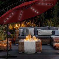 Umbrela terasa/gradina cu lumina LED, husa protectie, panou incarcare solara, protectie UV 50+, rotire la 360°, inclinatie reglabila, manivela,  Ø 300 cm, rosu