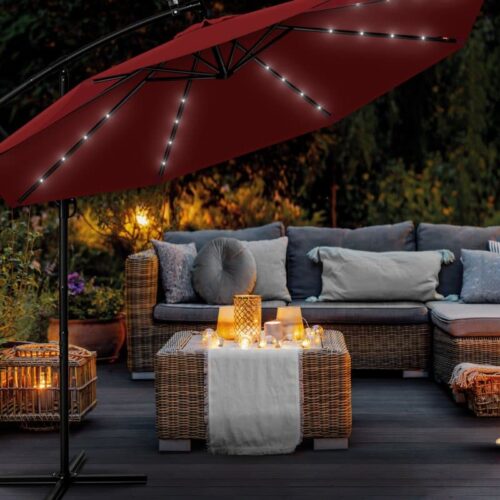 Umbrela terasa/gradina cu lumina LED, husa protectie, panou incarcare solara, protectie UV 50+, rotire la 360°, inclinatie reglabila, manivela,  Ø 300 cm, rosu