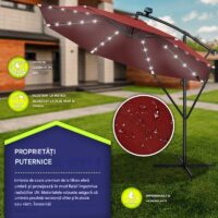 Umbrelă de grădină cu LED Tillvex, Ø 350 cm, protecție UV 50+, rotire 360°, manivelă, rosu grena
