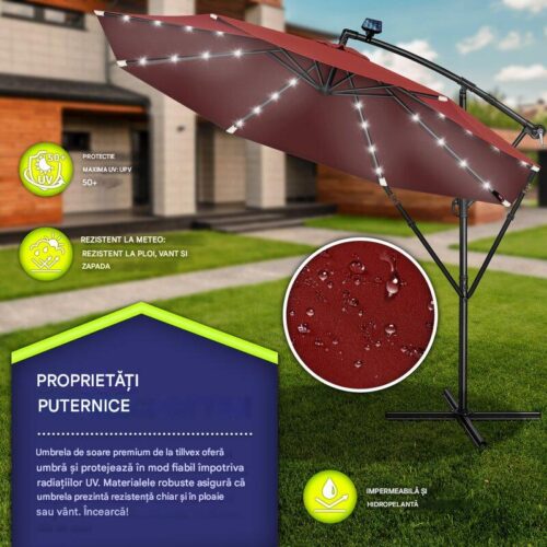 Umbrelă de grădină cu LED Tillvex, Ø 350 cm, protecție UV 50+, rotire 360°, manivelă, rosu grena