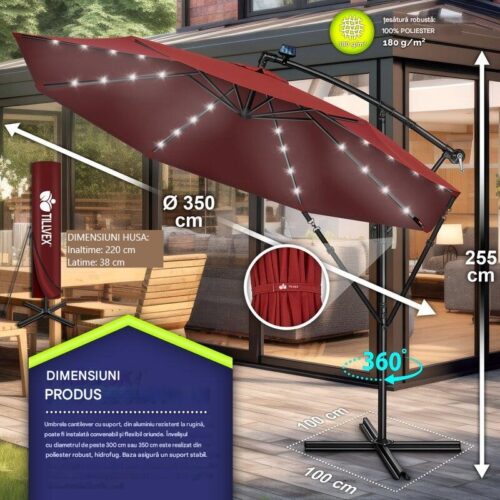 Umbrelă de grădină cu LED Tillvex, Ø 350 cm, protecție UV 50+, rotire 360°, manivelă, rosu grena