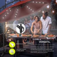 Umbrelă de grădină cu LED Tillvex, Ø 350 cm, protecție UV 50+, rotire 360°, manivelă, rosu grena