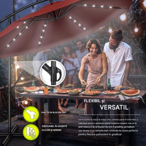 Umbrelă de grădină cu LED Tillvex, Ø 350 cm, protecție UV 50+, rotire 360°, manivelă, rosu grena