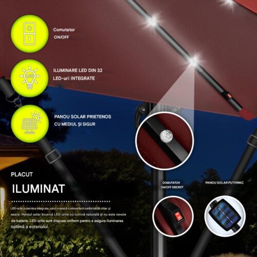 Umbrelă de grădină cu LED Tillvex, Ø 350 cm, protecție UV 50+, rotire 360°, manivelă, rosu grena