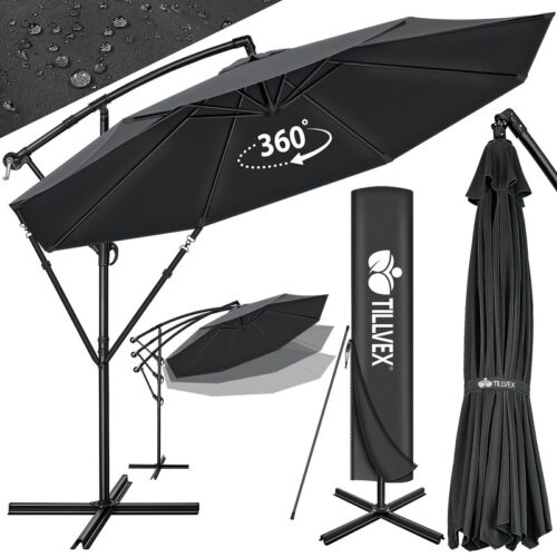 Umbrela pentru gradina si terasa, Tillvex, Ø 350 cm, husa, protectie UV 50+, 8 spite, rotatie 360°, inclinare reglabila, tesatura 180 g/m², antracit