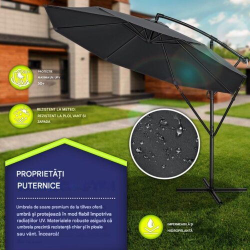 Umbrela pentru gradina si terasa, Tillvex, Ø 350 cm, husa, protectie UV 50+, 8 spite, rotatie 360°, inclinare reglabila, tesatura 180 g/m², antracit