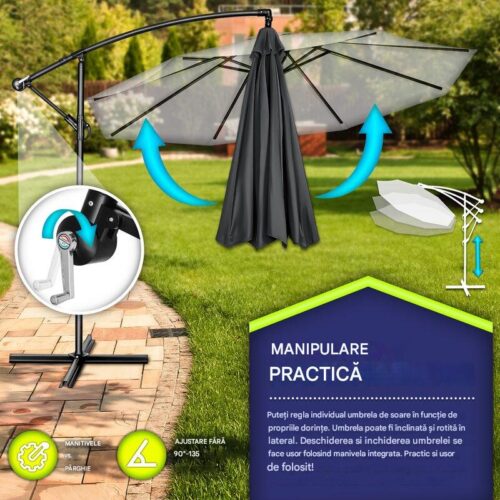 Umbrela pentru gradina si terasa, Tillvex, Ø 350 cm, husa, protectie UV 50+, 8 spite, rotatie 360°, inclinare reglabila, tesatura 180 g/m², antracit