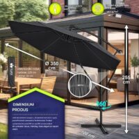 Umbrela pentru gradina si terasa, Tillvex, Ø 350 cm, husa, protectie UV 50+, 8 spite, rotatie 360°, inclinare reglabila, tesatura 180 g/m², antracit