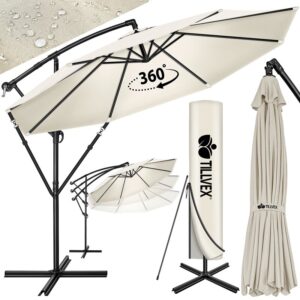 Umbrela pentru gradina si terasa, Tillvex, Ø 350 cm, husa, protectie UV 50+, 8 spite, rotatie 360°, inclinare reglabila, tesatura 180 g/m², crem