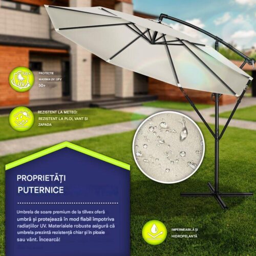 Umbrela pentru gradina si terasa, Tillvex, Ø 350 cm, husa, protectie UV 50+, 8 spite, rotatie 360°, inclinare reglabila, tesatura 180 g/m², crem