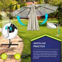 Umbrelă de grădină cu LED Tillvex, Ø 350 cm, protecție UV 50+, rotire 360°, manivelă, crem