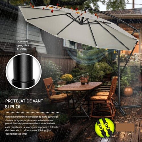 Umbrela pentru gradina si terasa, Tillvex, Ø 350 cm, husa, protectie UV 50+, 8 spite, rotatie 360°, inclinare reglabila, tesatura 180 g/m², crem