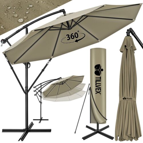 Umbrela pentru gradina si terasa, Tillvex, Ø 350 cm, husa, protectie UV 50+, 8 spite, rotatie 360°, inclinare reglabila, tesatura 180 g/m², crem inchis