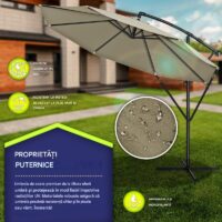 Umbrela pentru gradina si terasa, Tillvex, Ø 350 cm, husa, protectie UV 50+, 8 spite, rotatie 360°, inclinare reglabila, tesatura 180 g/m², crem inchis