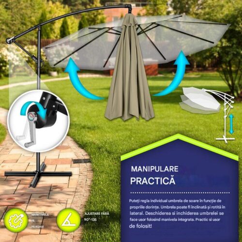 Umbrelă de grădină cu LED Tillvex, Ø 350 cm, protecție UV 50+, rotire 360°, manivelă, crem inchis