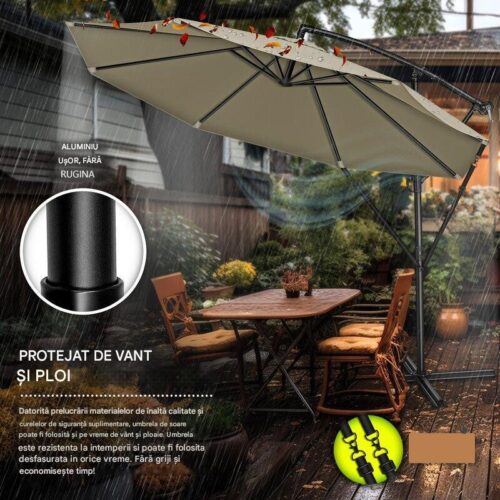 Umbrela pentru gradina si terasa, Tillvex, Ø 350 cm, husa, protectie UV 50+, 8 spite, rotatie 360°, inclinare reglabila, tesatura 180 g/m², crem inchis
