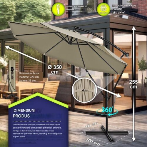 Umbrela pentru gradina si terasa, Tillvex, Ø 350 cm, husa, protectie UV 50+, 8 spite, rotatie 360°, inclinare reglabila, tesatura 180 g/m², crem inchis