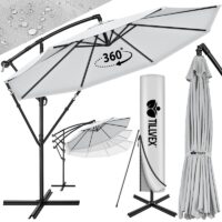 Umbrela pentru gradina si terasa, Tillvex, Ø 350 cm, husa, protectie UV 50+, 8 spite, rotatie 360°, inclinare reglabila, tesatura 180 g/m², gri
