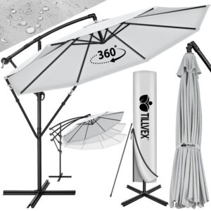 Umbrela pentru gradina si terasa, Tillvex, Ø 350 cm, husa, protectie UV 50+, 8 spite, rotatie 360°, inclinare reglabila, tesatura 180 g/m², gri