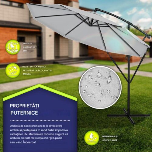 Umbrela pentru gradina si terasa, Tillvex, Ø 350 cm, husa, protectie UV 50+, 8 spite, rotatie 360°, inclinare reglabila, tesatura 180 g/m², gri