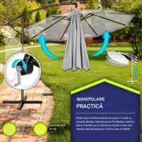 Umbrela pentru gradina si terasa, Tillvex, Ø 350 cm, husa, protectie UV 50+, 8 spite, rotatie 360°, inclinare reglabila, tesatura 180 g/m², gri