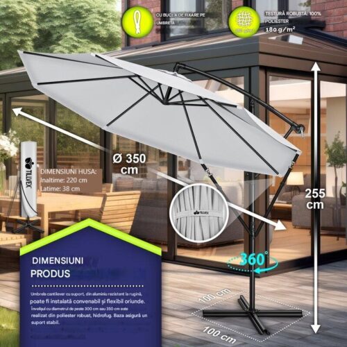 Umbrela pentru gradina si terasa, Tillvex, Ø 350 cm, husa, protectie UV 50+, 8 spite, rotatie 360°, inclinare reglabila, tesatura 180 g/m², gri