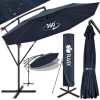 Umbrela pentru gradina si terasa, Tillvex, Ø 350 cm, husa, protectie UV 50+, 8 spite, rotatie 360°, inclinare reglabila, tesatura 180 g/m², albastru