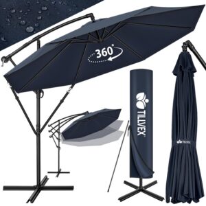 Umbrela pentru gradina si terasa, Tillvex, Ø 350 cm, husa, protectie UV 50+, 8 spite, rotatie 360°, inclinare reglabila, tesatura 180 g/m², albastru