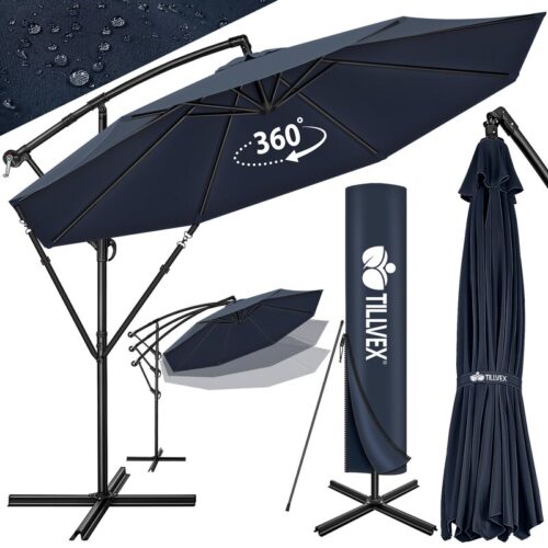 Umbrela pentru gradina si terasa, Tillvex, Ø 350 cm, husa, protectie UV 50+, 8 spite, rotatie 360°, inclinare reglabila, tesatura 180 g/m², albastru