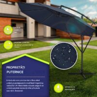 Umbrela pentru gradina si terasa, Tillvex, Ø 350 cm, husa, protectie UV 50+, 8 spite, rotatie 360°, inclinare reglabila, tesatura 180 g/m², albastru