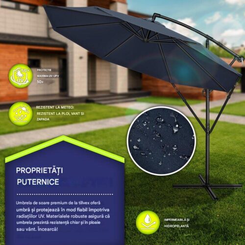 Umbrela pentru gradina si terasa, Tillvex, Ø 350 cm, husa, protectie UV 50+, 8 spite, rotatie 360°, inclinare reglabila, tesatura 180 g/m², albastru