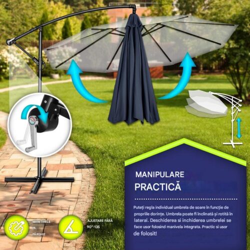 Umbrela pentru gradina si terasa, Tillvex, Ø 350 cm, husa, protectie UV 50+, 8 spite, rotatie 360°, inclinare reglabila, tesatura 180 g/m², albastru