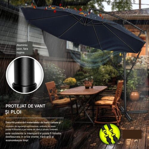Umbrela pentru gradina si terasa, Tillvex, Ø 350 cm, husa, protectie UV 50+, 8 spite, rotatie 360°, inclinare reglabila, tesatura 180 g/m², albastru