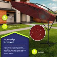 Umbrela pentru gradina si terasa, Tillvex, Ø 350 cm, husa, protectie UV 50+, 8 spite, rotatie 360°, inclinare reglabila, tesatura 180 g/m², rosu