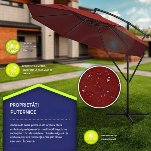 Umbrela pentru gradina si terasa, Tillvex, Ø 350 cm, husa, protectie UV 50+, 8 spite, rotatie 360°, inclinare reglabila, tesatura 180 g/m², rosu
