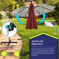 Umbrelă de grădină cu LED Tillvex, Ø 350 cm, protecție UV 50+, rotire 360°, manivelă, rosu grena