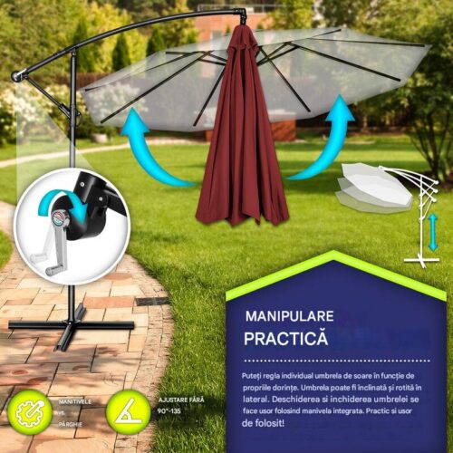 Umbrela pentru gradina si terasa, Tillvex, Ø 350 cm, husa, protectie UV 50+, 8 spite, rotatie 360°, inclinare reglabila, tesatura 180 g/m², rosu