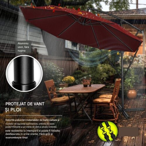 Umbrela pentru gradina si terasa, Tillvex, Ø 350 cm, husa, protectie UV 50+, 8 spite, rotatie 360°, inclinare reglabila, tesatura 180 g/m², rosu