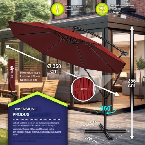 Umbrela pentru gradina si terasa, Tillvex, Ø 350 cm, husa, protectie UV 50+, 8 spite, rotatie 360°, inclinare reglabila, tesatura 180 g/m², rosu