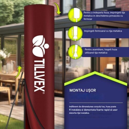 Umbrela pentru gradina si terasa, Tillvex, Ø 350 cm, husa, protectie UV 50+, 8 spite, rotatie 360°, inclinare reglabila, tesatura 180 g/m², rosu