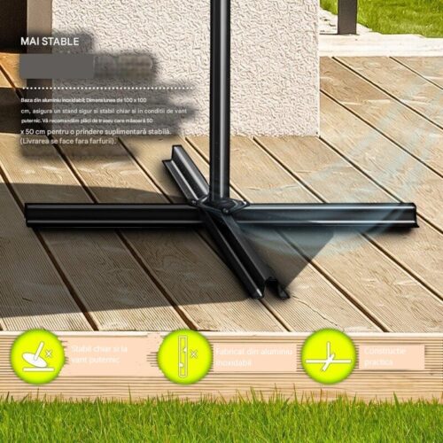 Umbrelă de grădină cu LED Tillvex, Ø 350 cm, protecție UV 50+, rotire 360°, manivelă, crem