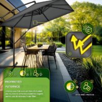 Umbrela de soare dreptunghiulara pentru gradina si terasa, Tillvex®, Ø 330 cm, inclinabila, protectie UV 50+, husa protectie, rotativa la 360°, cu manivela, antracit